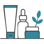 Illustration of skincare products including a tube, dropper bottle, and jar with a plant on a white background.